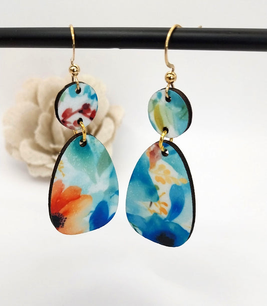 Boucles d'oreille en bois motif floral aquarelle