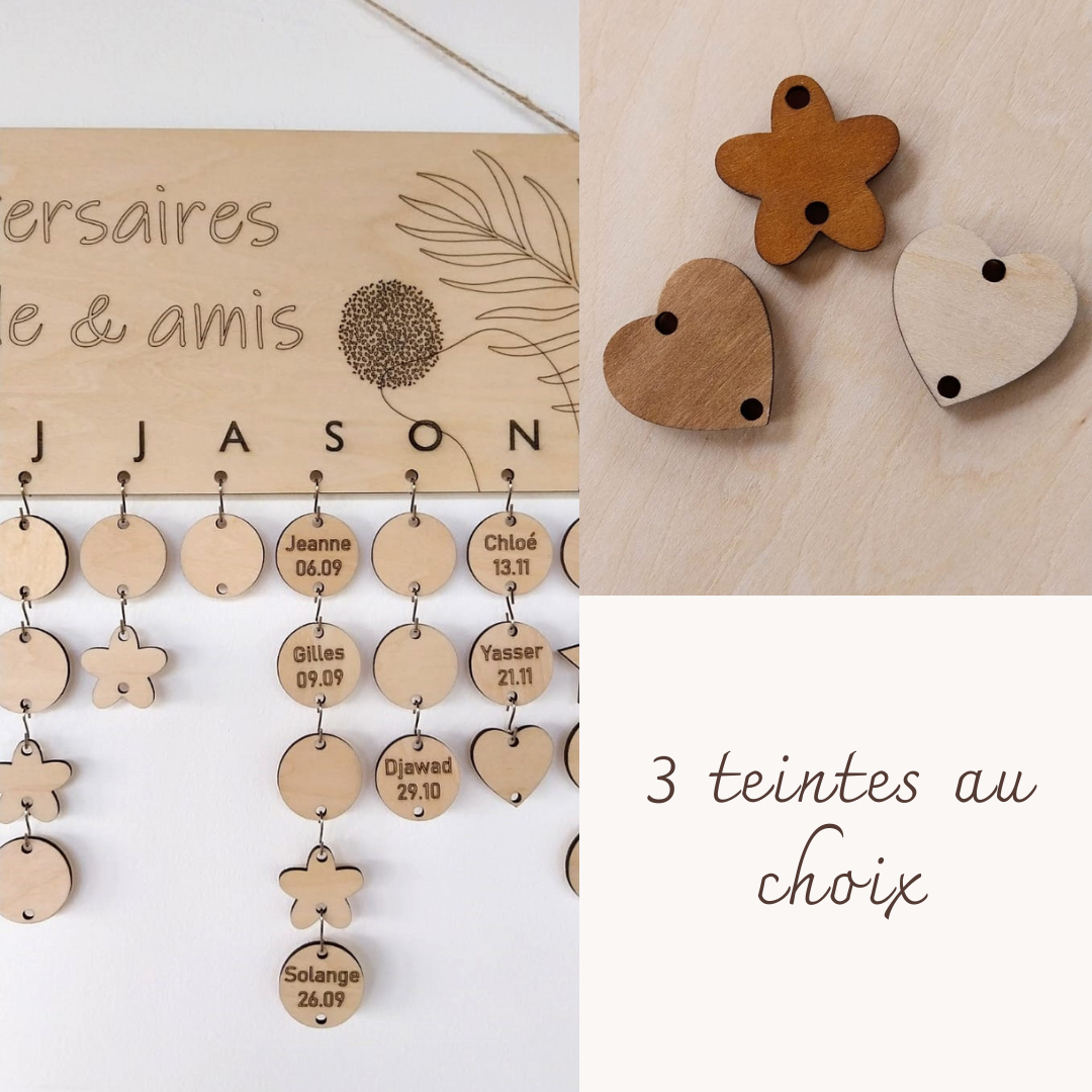 Calendrier bois gravé événements et anniversaires boho