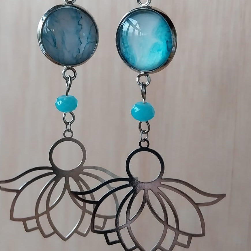 Boucles d'oreille fleur de lotus couleur turquoise