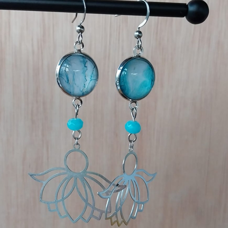 Boucles d'oreille fleur de lotus couleur turquoise
