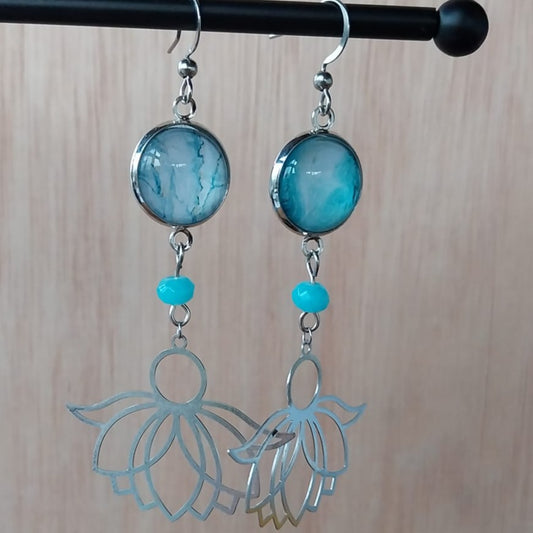 Boucles d'oreille fleur de lotus couleur turquoise