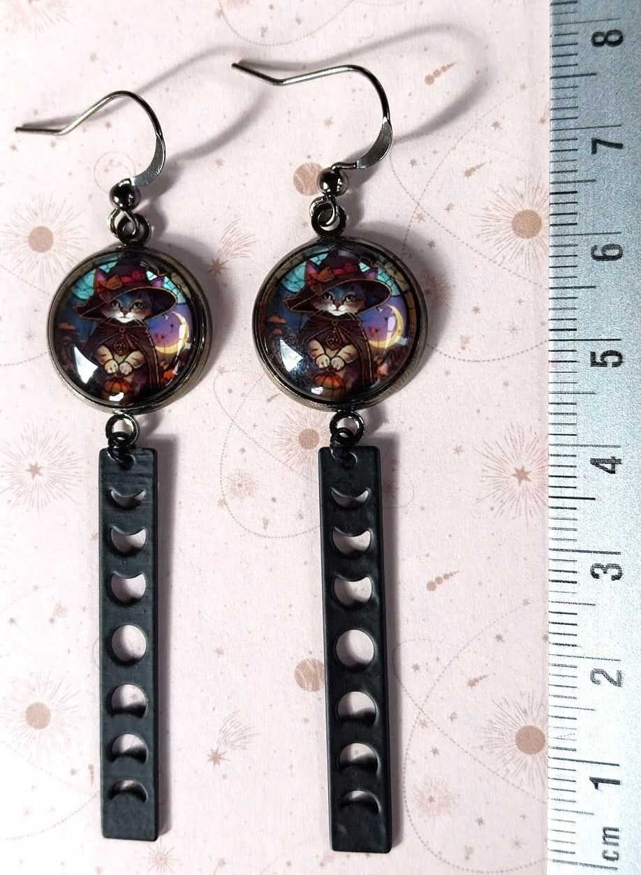 Boucles d'oreille chat mystique et breloque noir lune