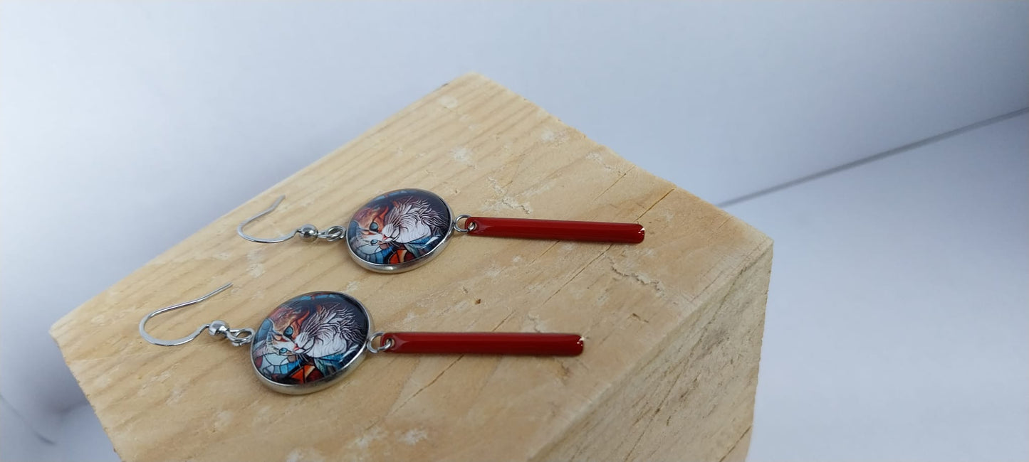 Boucles d'oreille chat pensif et breloque émail rouge