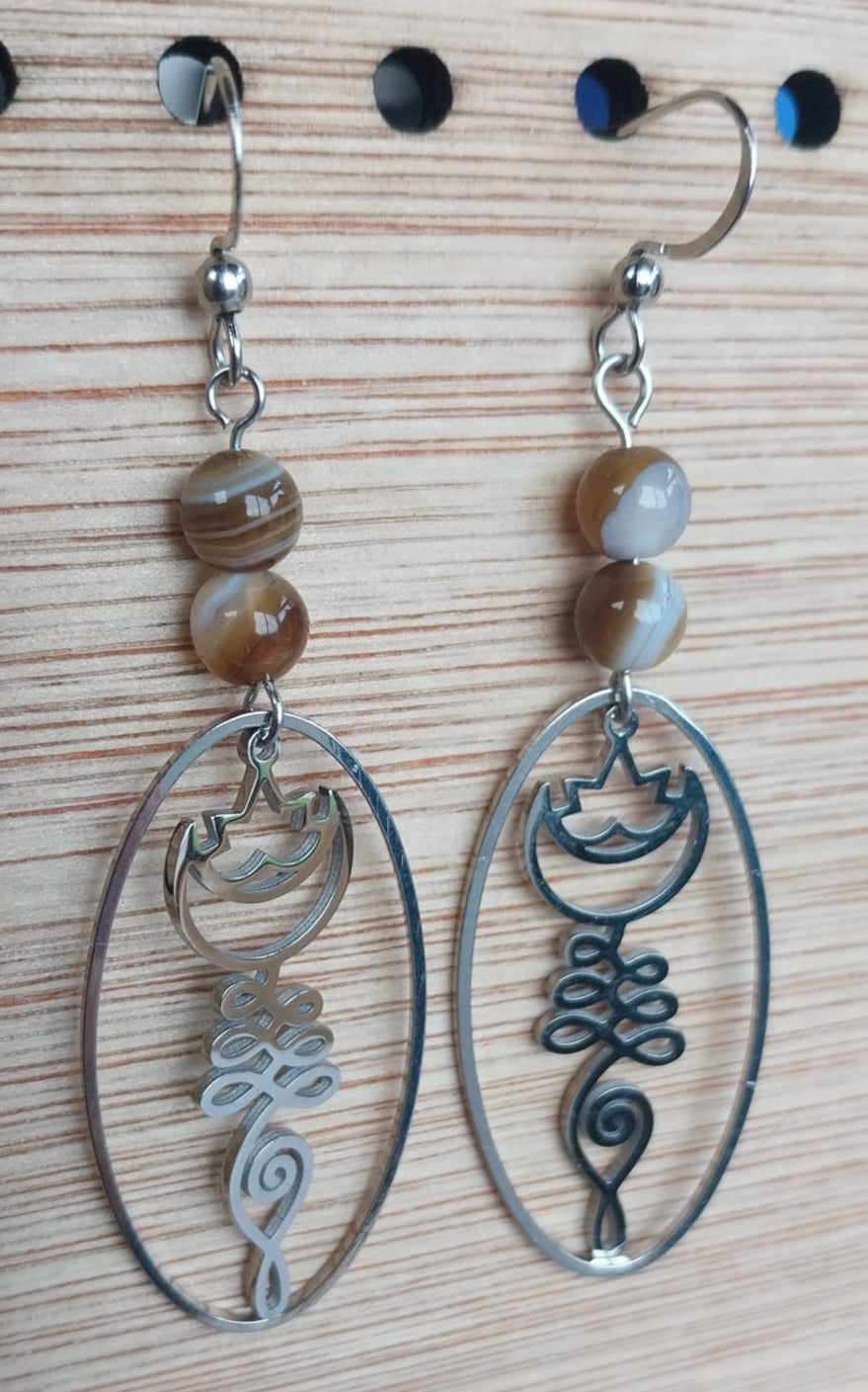 Boucles d'oreilles agate et fleur de lotus couleur argent