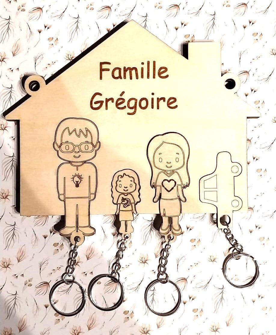 Porte-clés mural familial 3D personnalisable en bois.