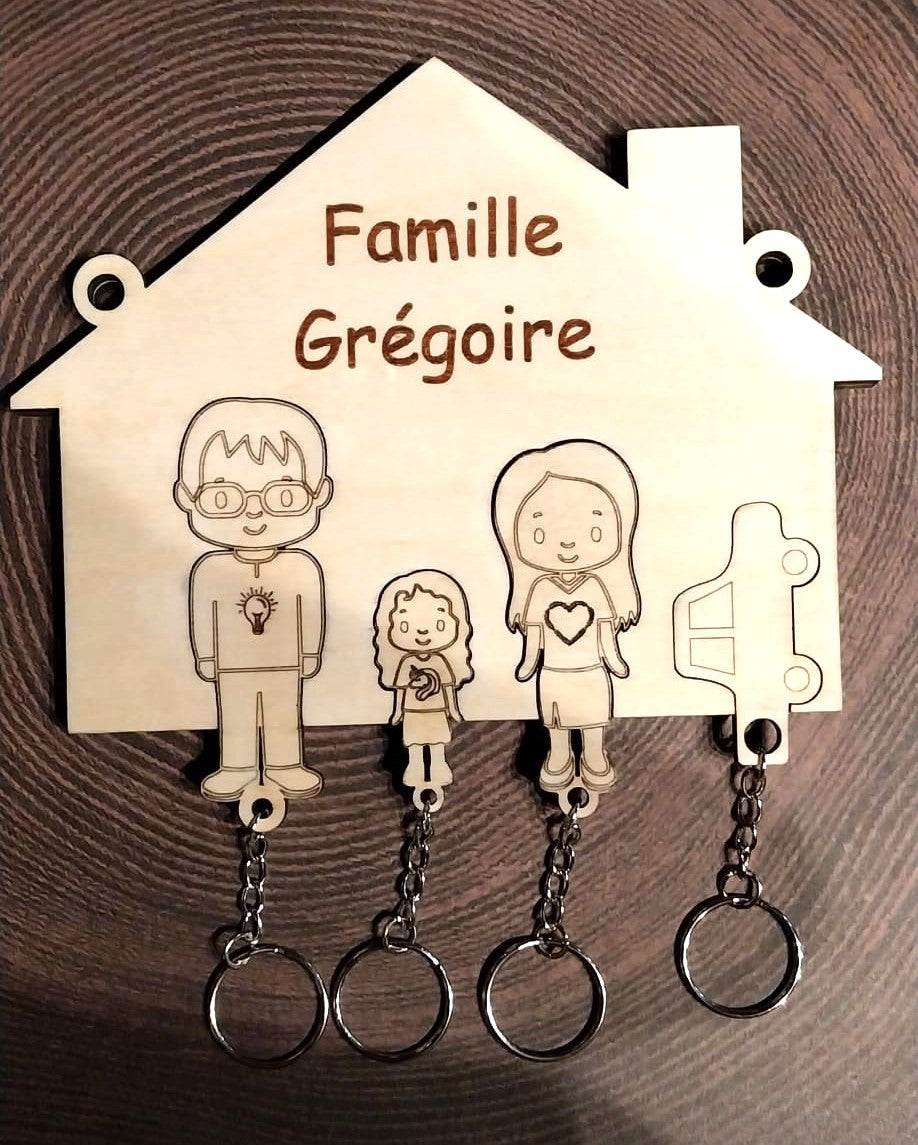 Porte-clés mural familial 3D personnalisable en bois.