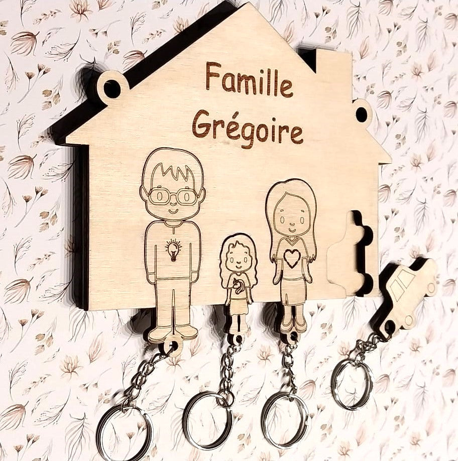Porte-clés mural familial 3D personnalisable en bois.