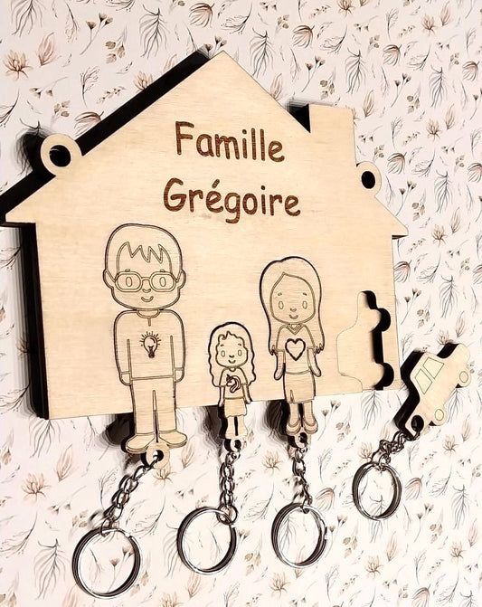 Porte-clés mural familial 3D personnalisable en bois.