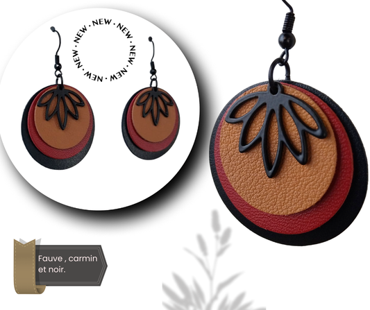 Boucles d'oreille en cuir fauve carmin et noir