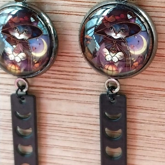 Boucles d'oreille chat mystique et breloque noir lune