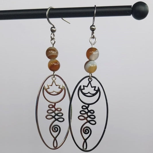 Boucles d'oreilles agate et fleur de lotus couleur argent